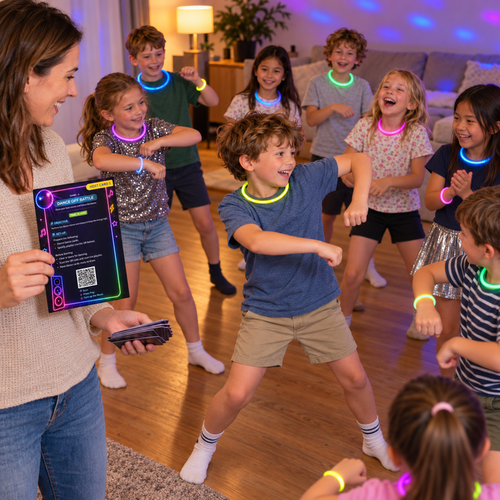 Children enjoying a child-led Glow Disco Dance-Off with a parent holding the Host Card