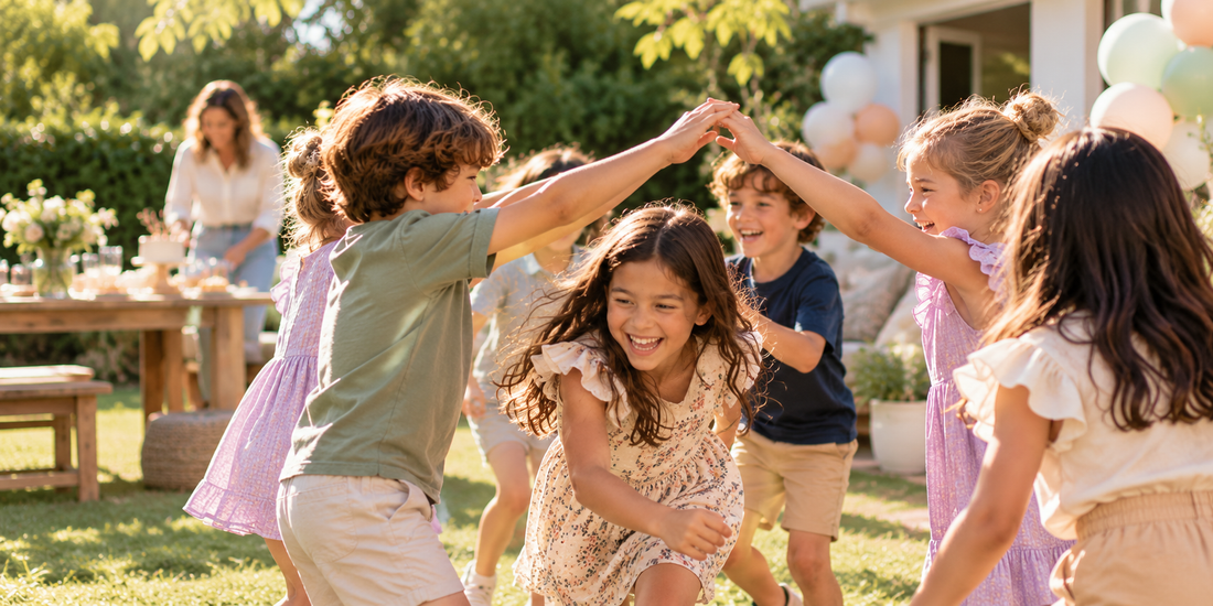 Kids playing together at a backyard birthday party without a hired entertainer