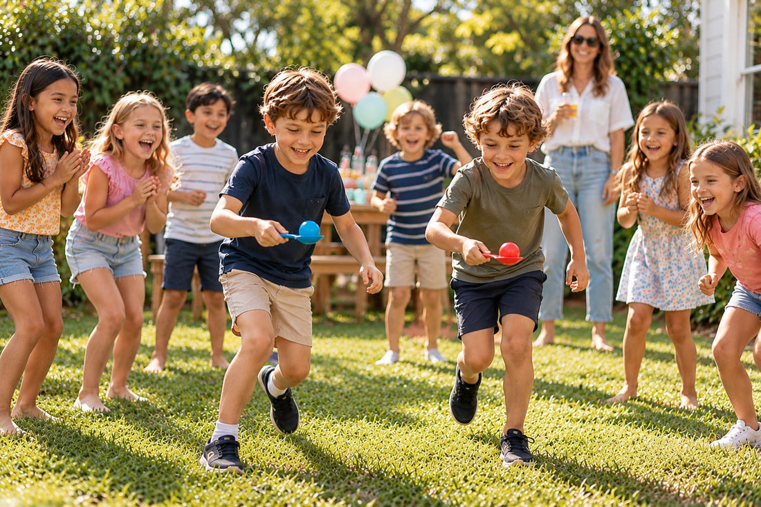 Children enjoying an egg-and-spoon race at a backyard birthday party while friends cheer