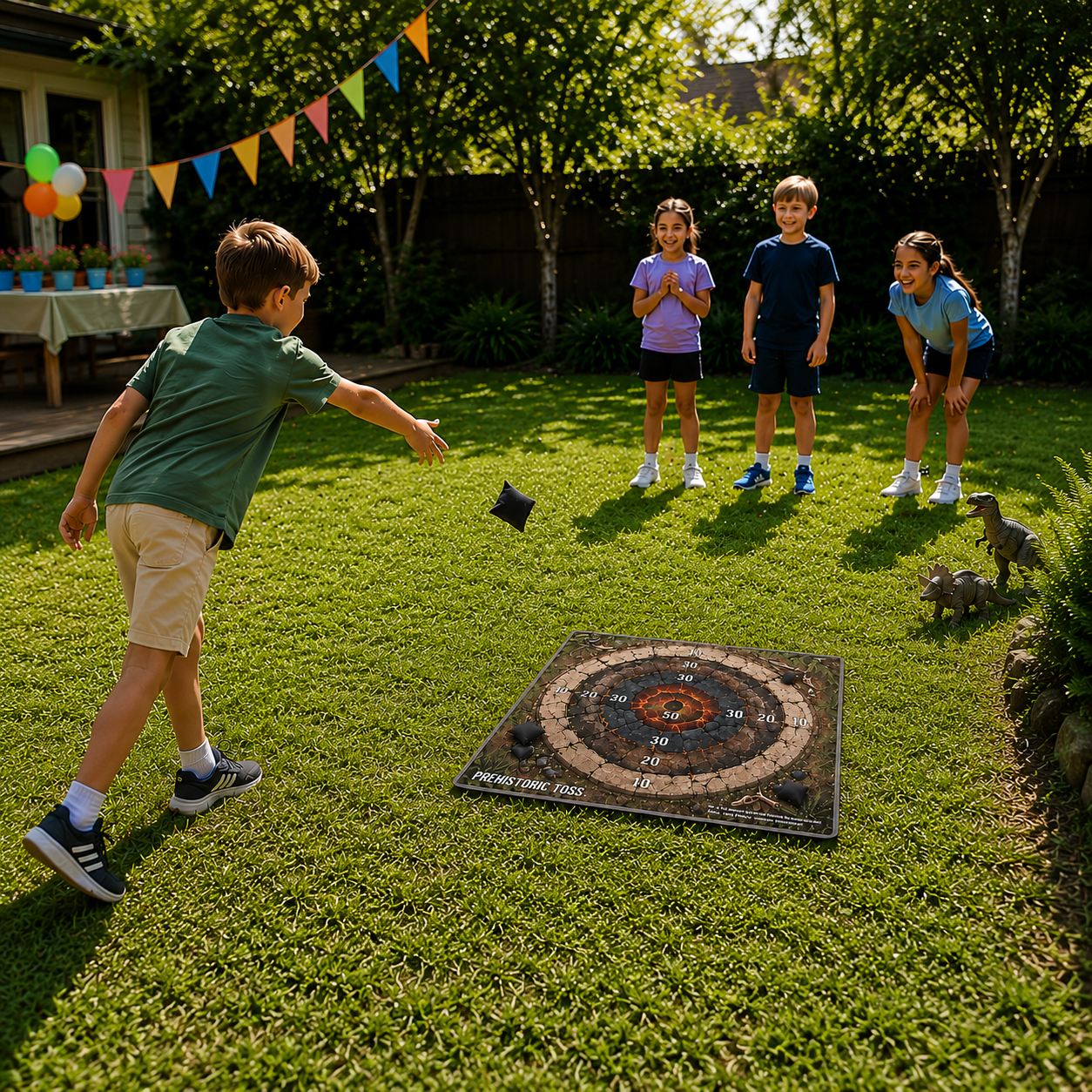 Children playing a dinosaur-themed game at a kids' birthday party