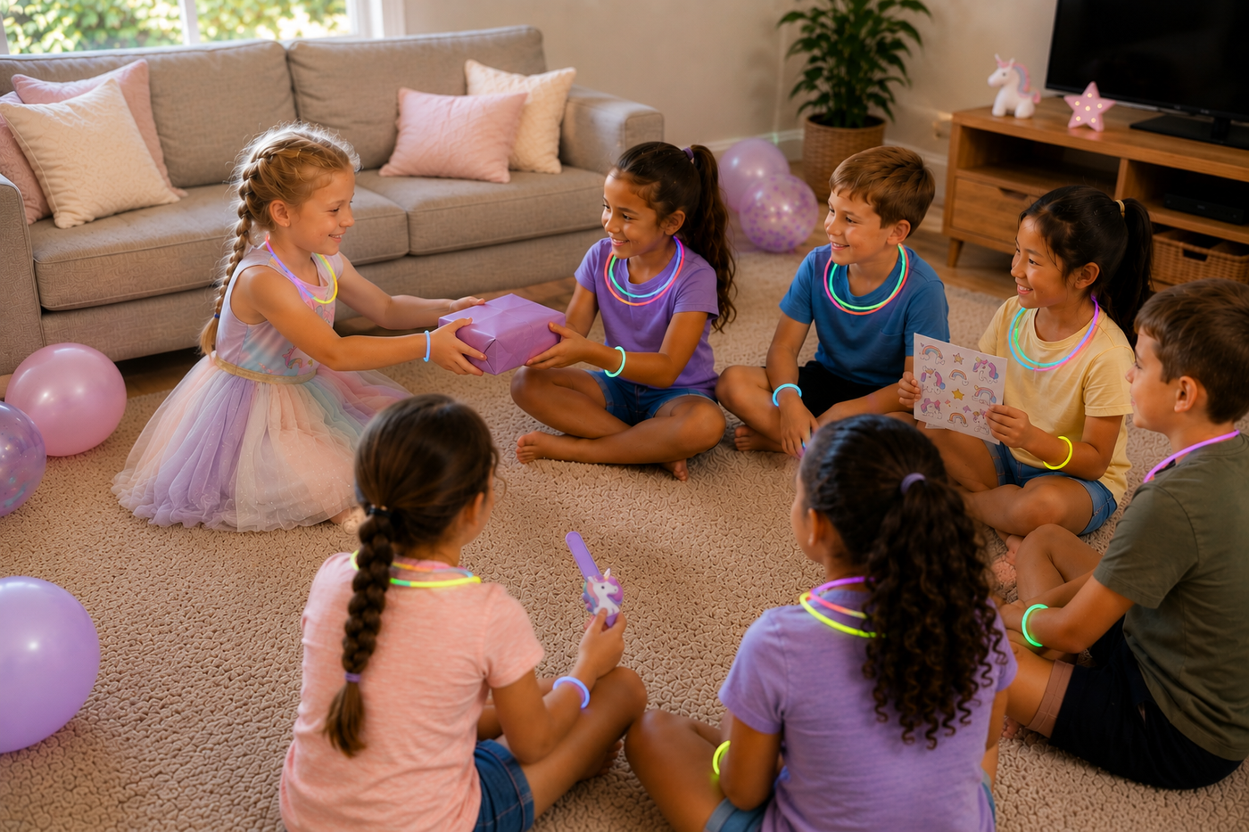 Children playing a unicorn-themed game at a kids' birthday party