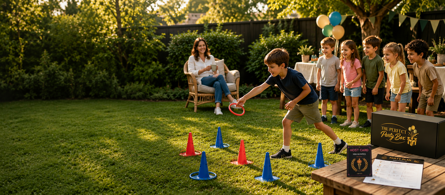 Children enjoying a kids' birthday party while a parent relaxes nearby