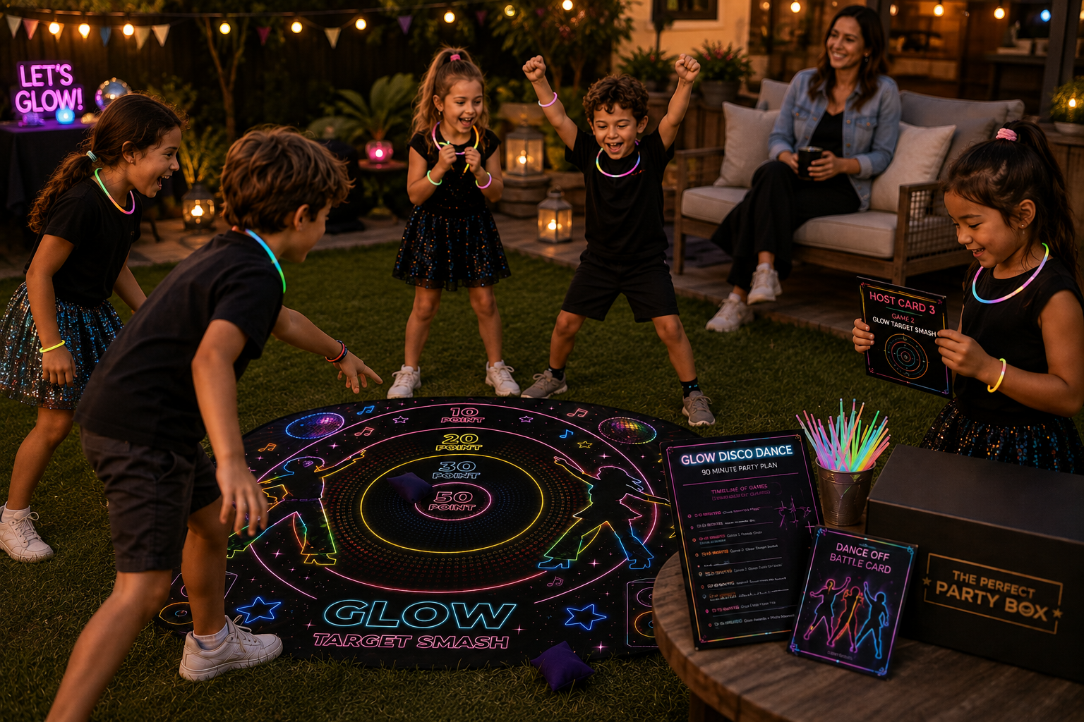 Children playing Glow Disco Party games with The Perfect Party Box