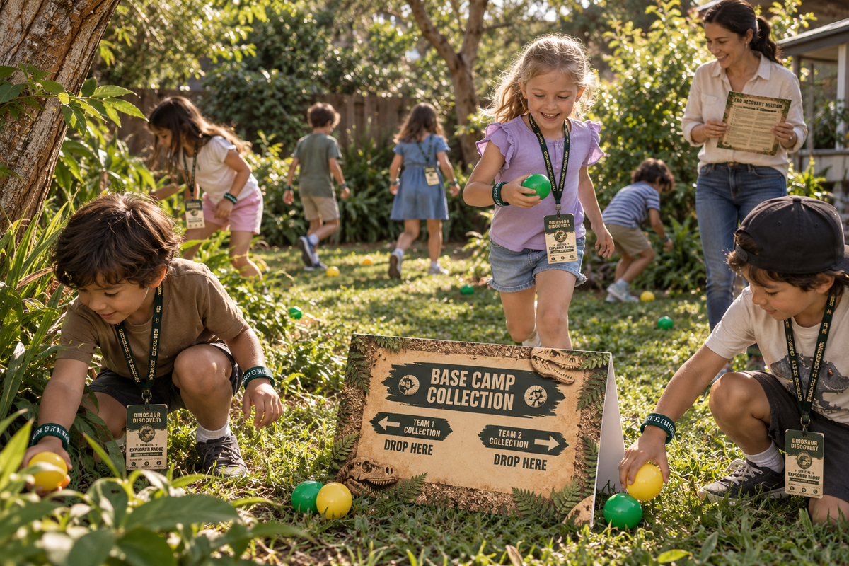 Children enjoying the Egg Recovery Mission with explorer badges, Base Camp sign and a parent holding the Host Card
