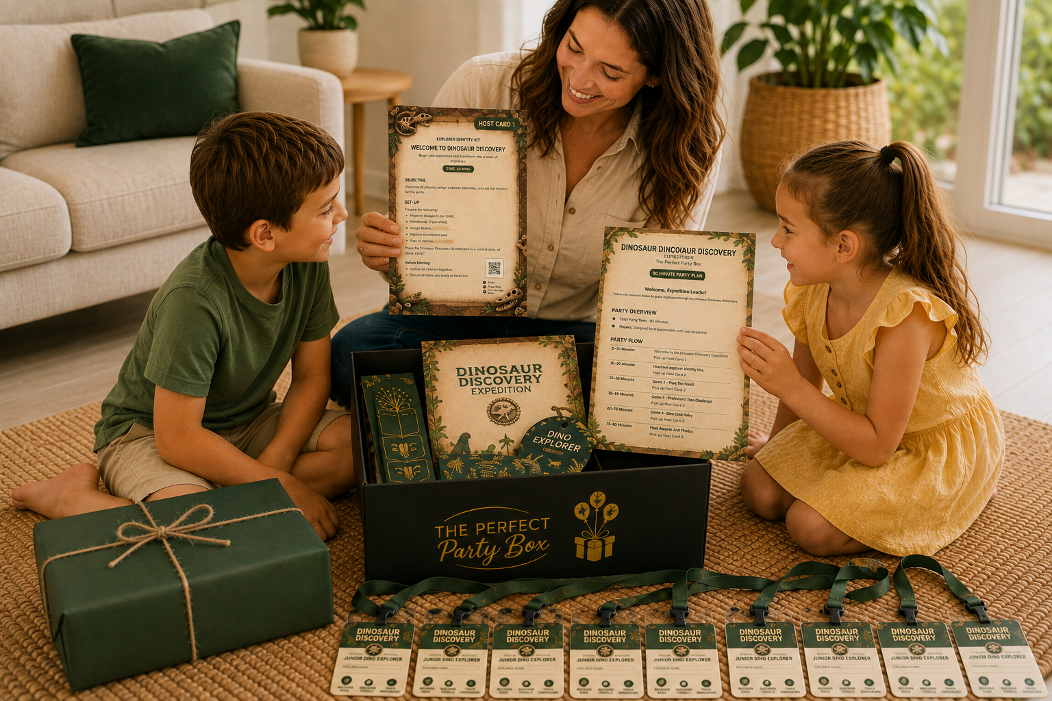 Children enjoying a Dinosaur Discovery party with The Perfect Party Box games and party materials