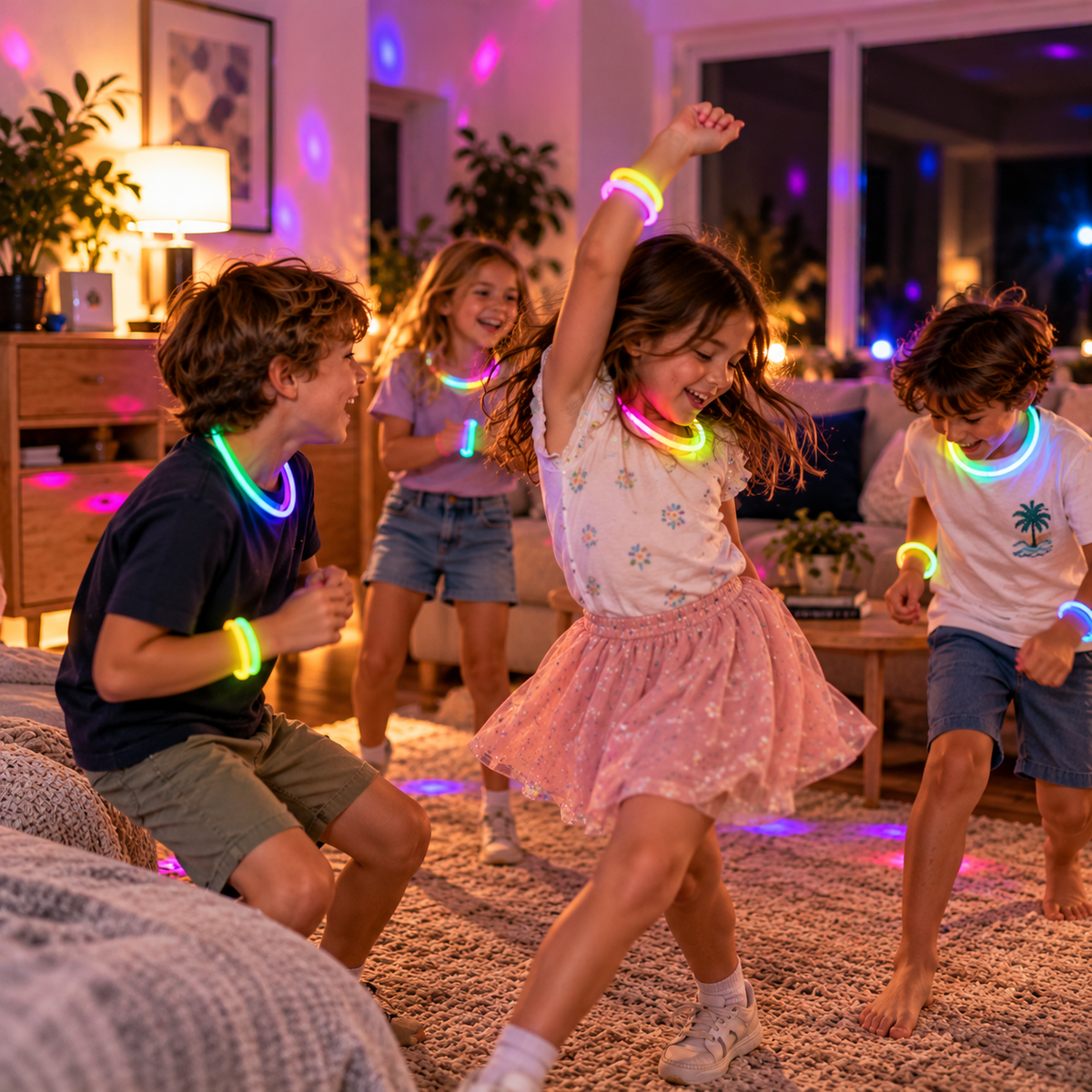 Children dancing together wearing colourful glow necklaces and bracelets