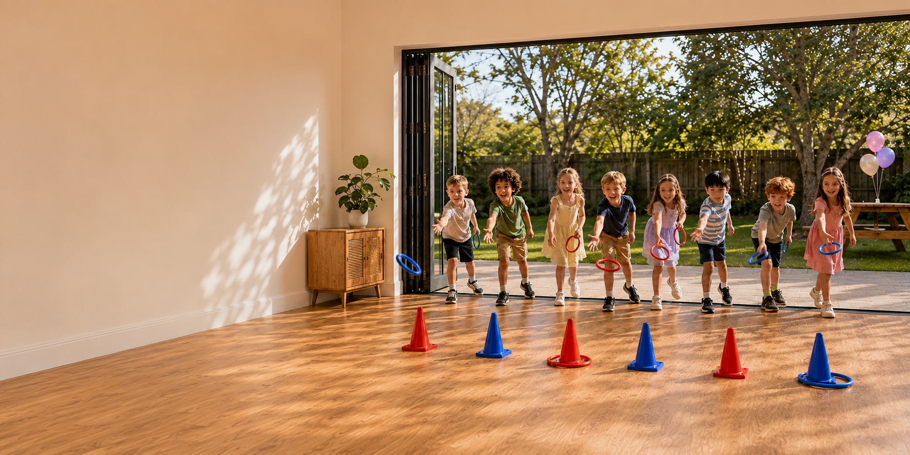 Children playing party games at a kids' birthday party with The Perfect Party Box