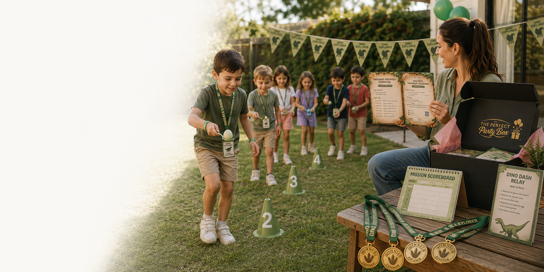 Parent hosting a Dinosaur Discovery kids' birthday party using a Host Card while children play the Dino Dash Relay