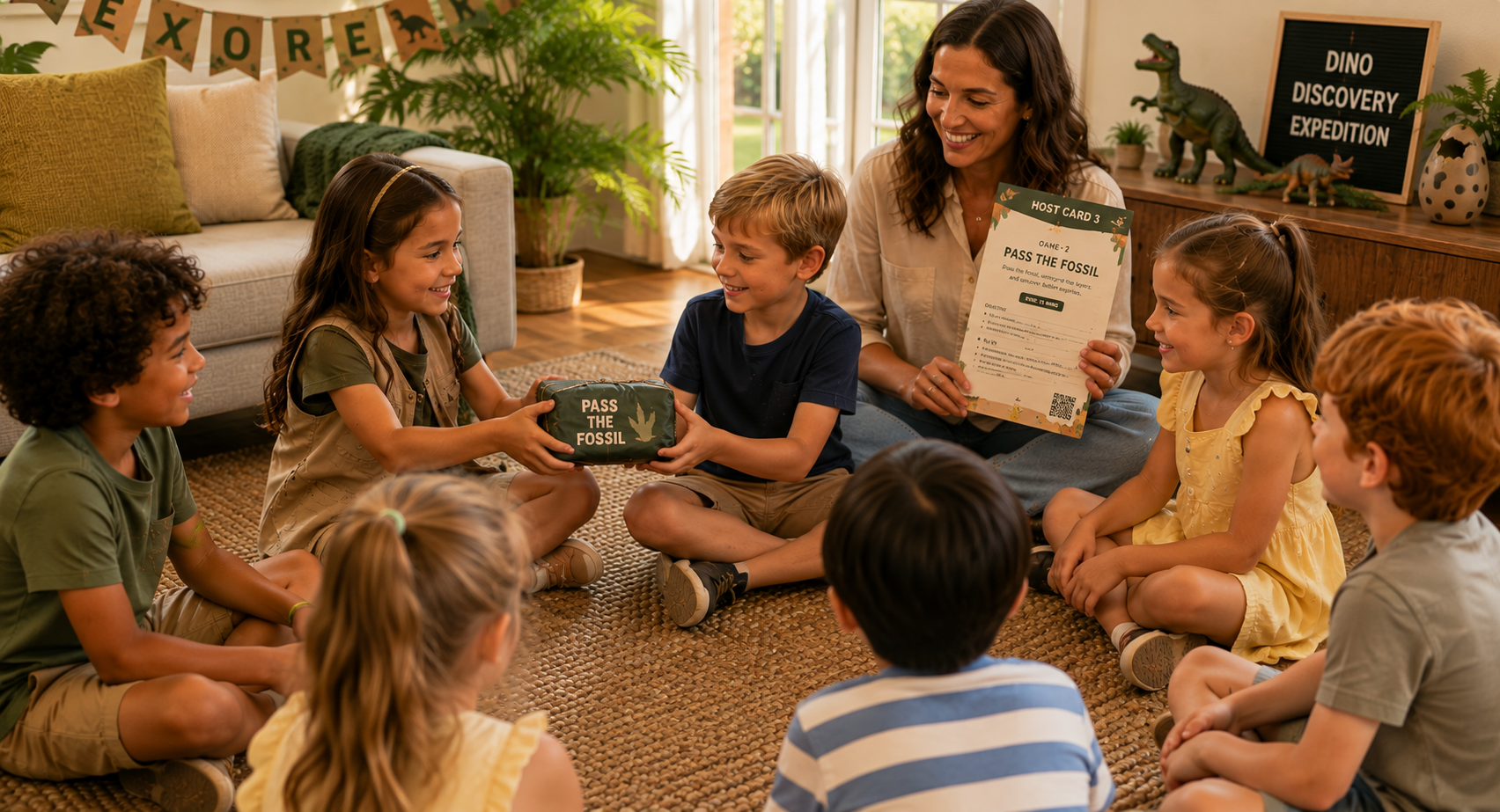 Children playing Pass the Fossil at a Dinosaur Discovery birthday party while a parent follows a Host Card