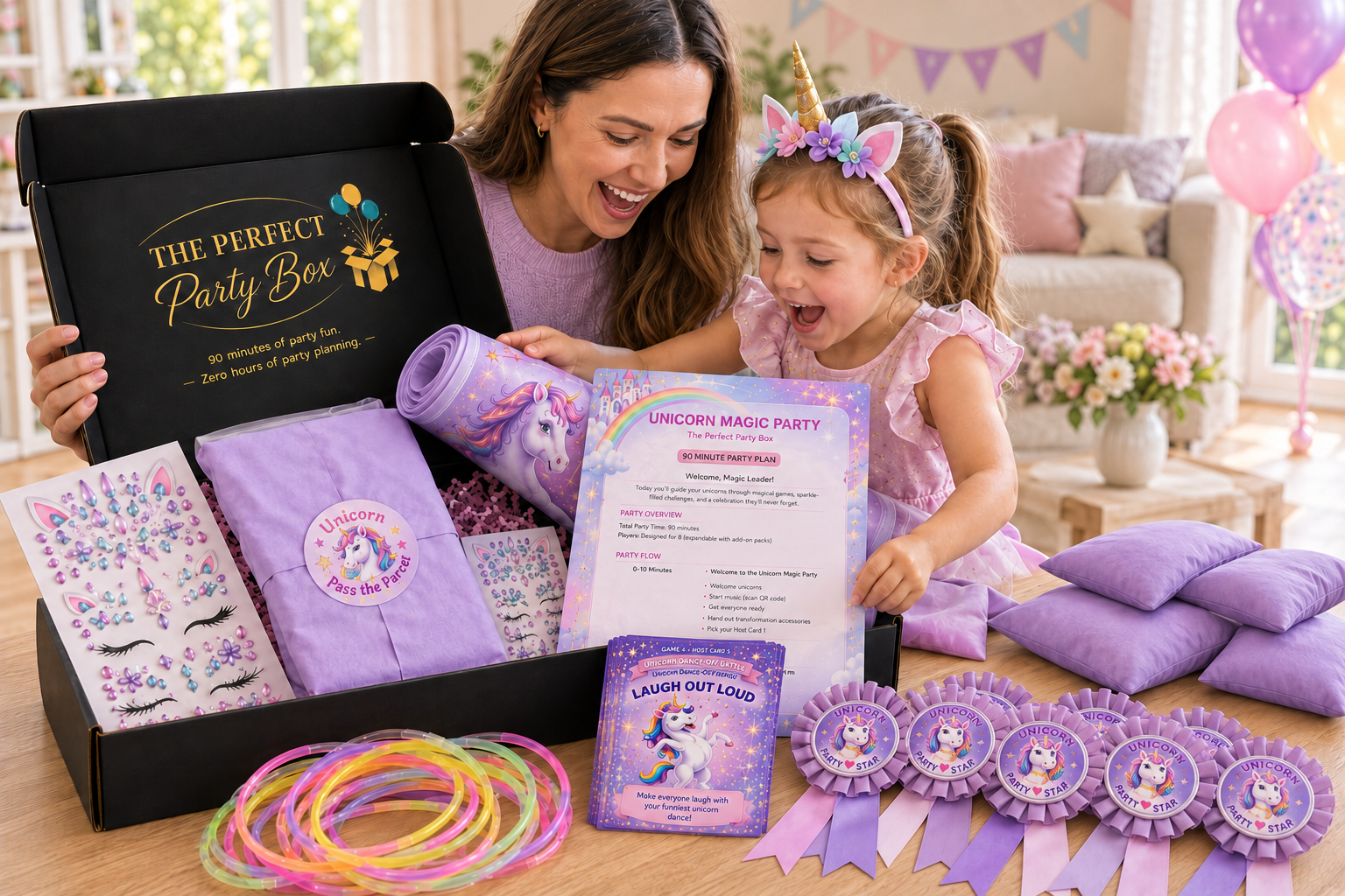Open Perfect Party Box showing the Party Plan, Host Cards, games and party accessories