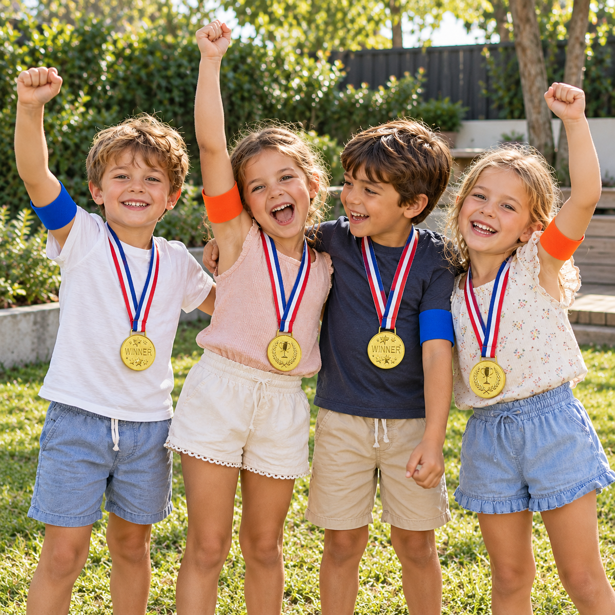 Children celebrating with their Mini Olympics medals and team armbands