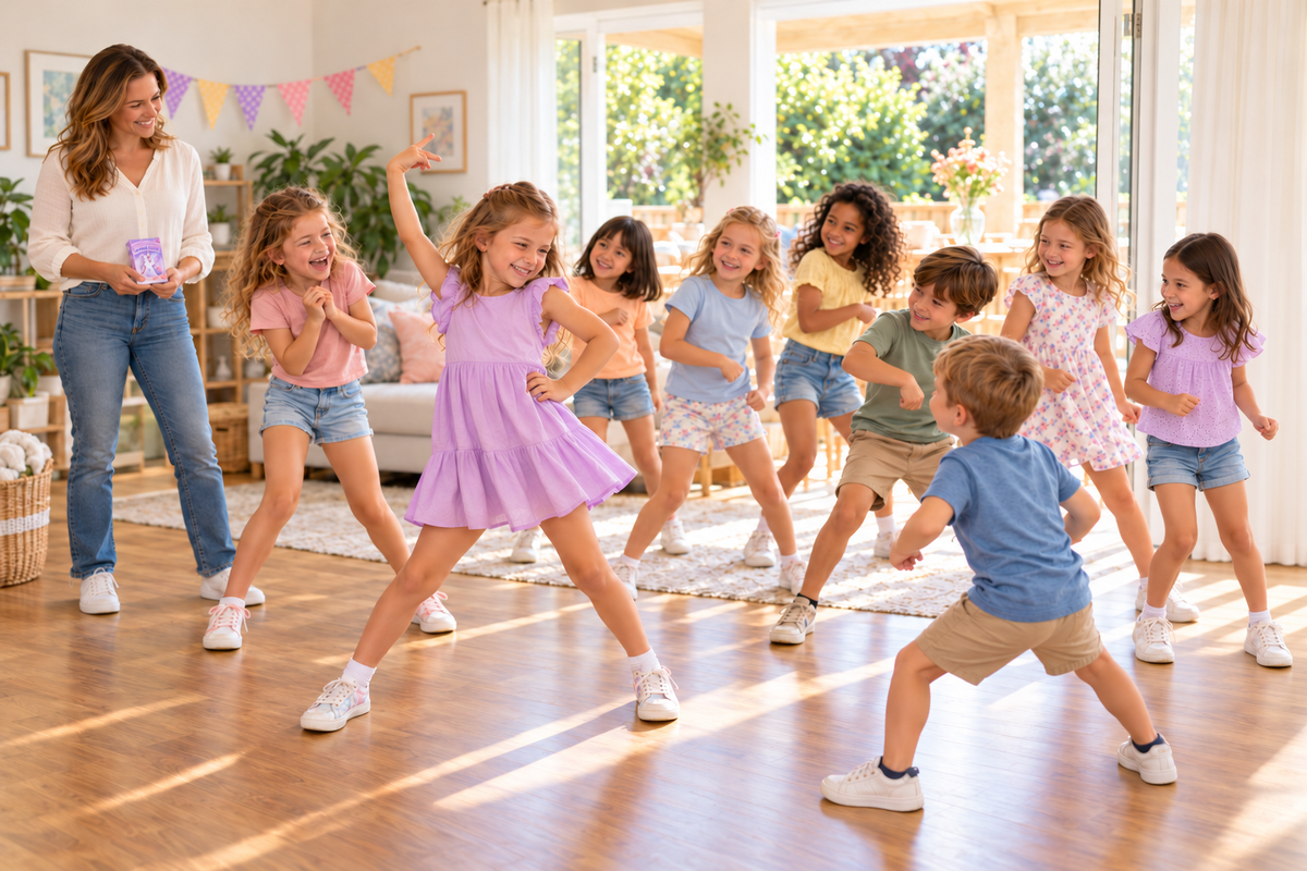 Children laughing and following their friend in the Unicorn Dance-Off