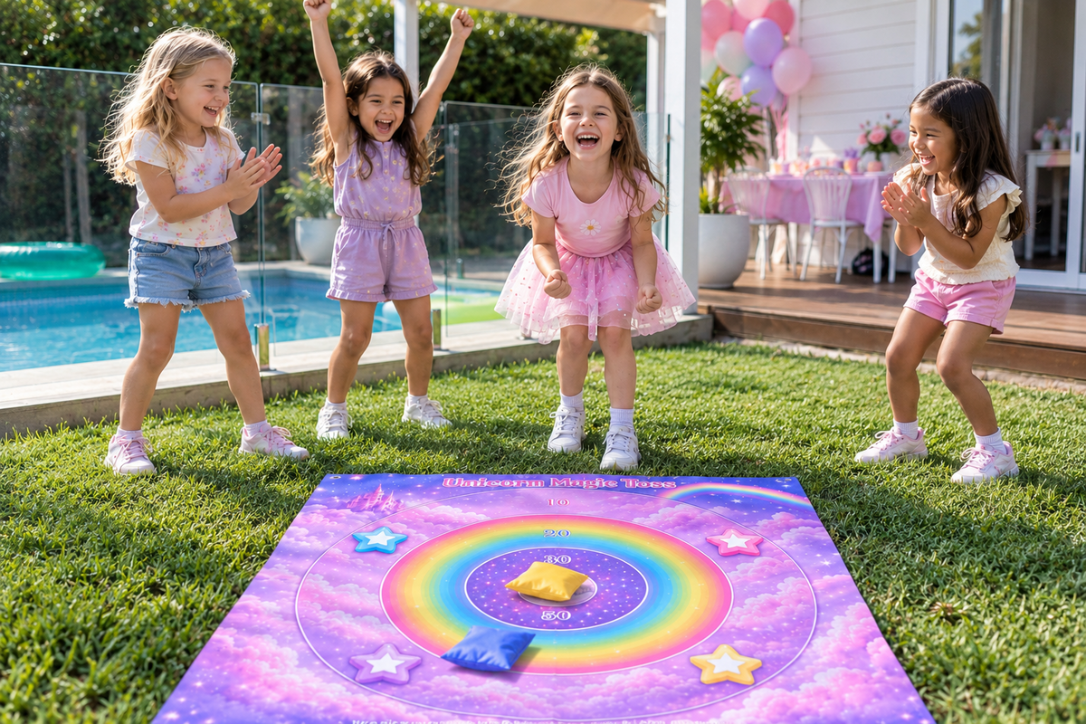 Children celebrating a Unicorn Magic Toss game at a birthday party